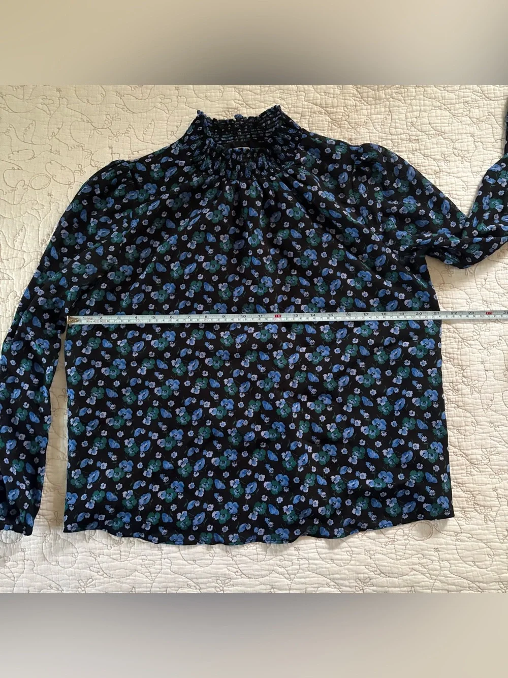J. Crew Black Mock Neck Blouse with Blue and Green Floral Print